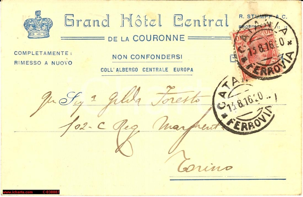 Cartolina originale da collezione 1916 CATANIA  Grand Hotel Central de la Couronne Cartolina intestata 1