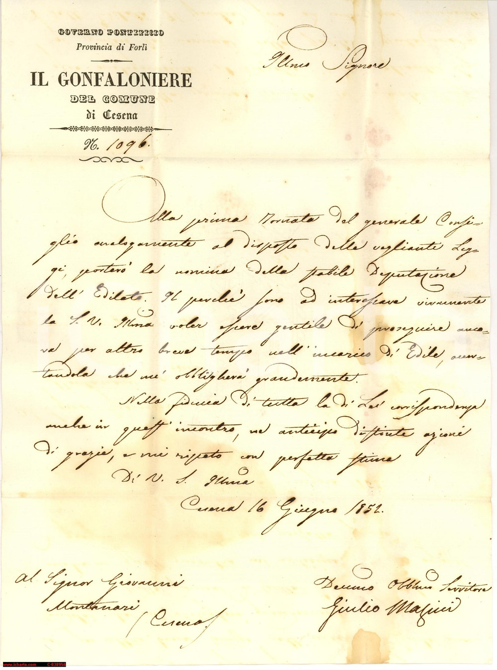 Manoscritto, lettera originale 1852 CESENA Gonfaloniere MAGINI rinnova MONTANARI Edile 1