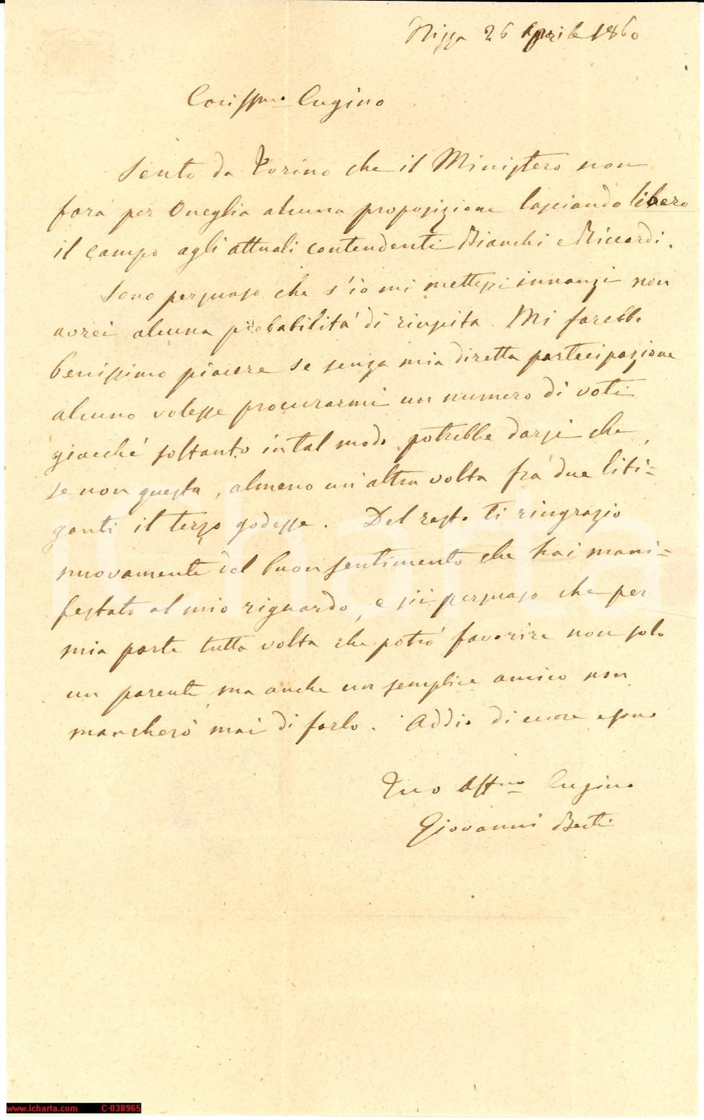 Manoscritto, lettera originale 1860 ONEGLIA IM Se tra due litiganti il terzo godesse Lettera 1