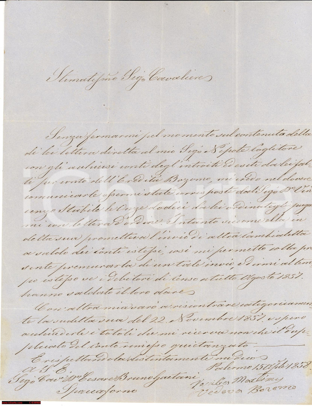 Manoscritto, lettera originale 1858 PALERMO Vedova BOZOMO reclama saldo cav. GAETANI 1