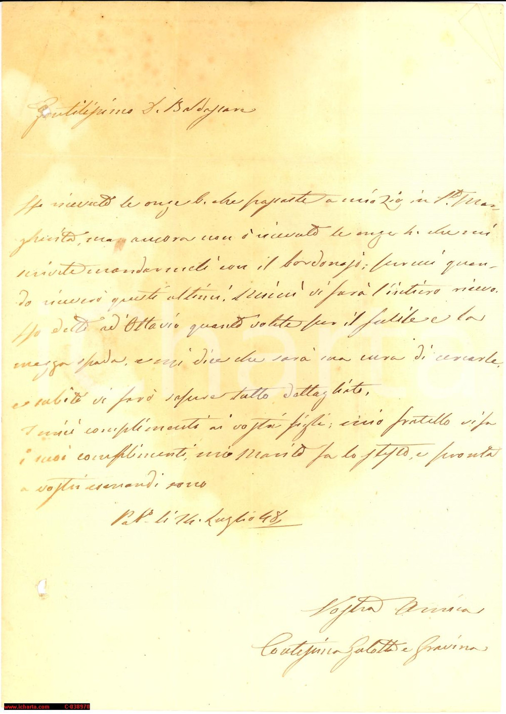 Manoscritto, lettera originale 1848 PALERMO Un fucile e mezza spada per Baldassare GRANOZZO DI SANTA NINFA 1
