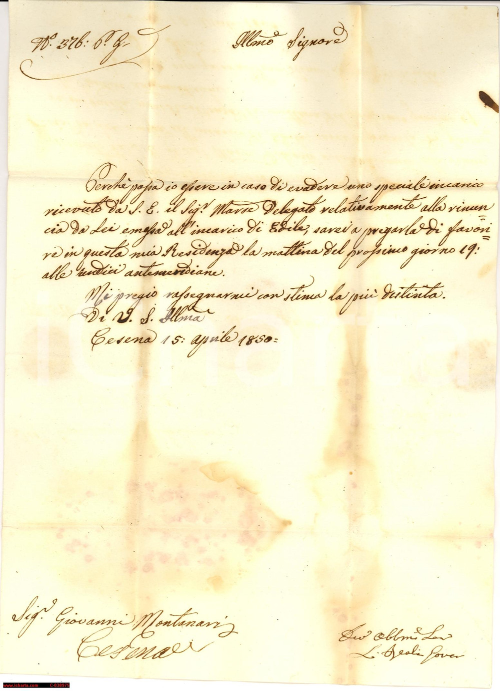 Manoscritto, lettera originale 1850 CESENA Giovanni MONTANARI rifiuta incarico edile 1