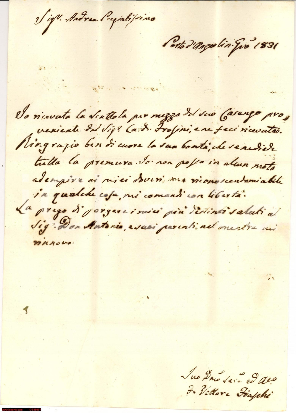 Manoscritto, lettera originale 1831 ANZIO RM Scatola per FIASCHI dal card. FROSINI 1