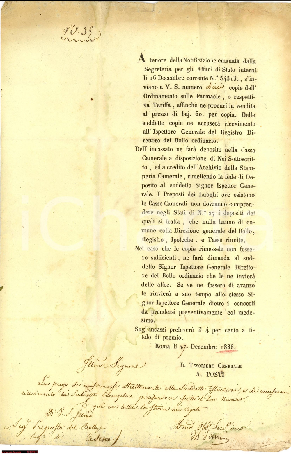 Documento originale, autentico 1836 ROMA Stato Pontificio ordinamento farmacie CESENA 1