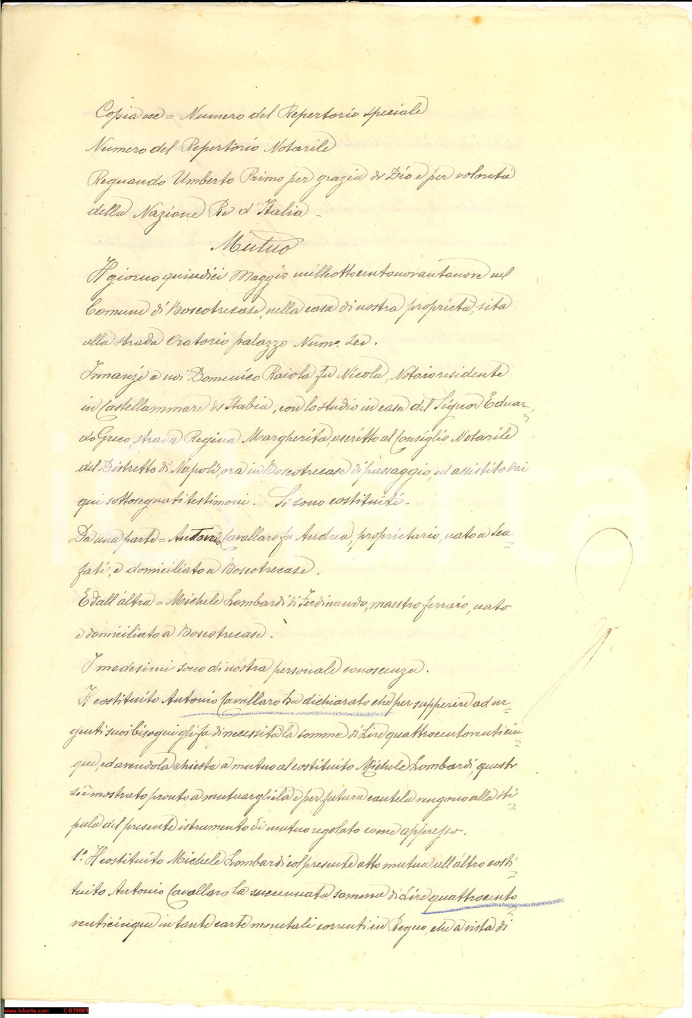 Documento originale, autentico 1899 BOSCOTRECASE (NA) Prestito ad Antonio CAVALLARO 1
