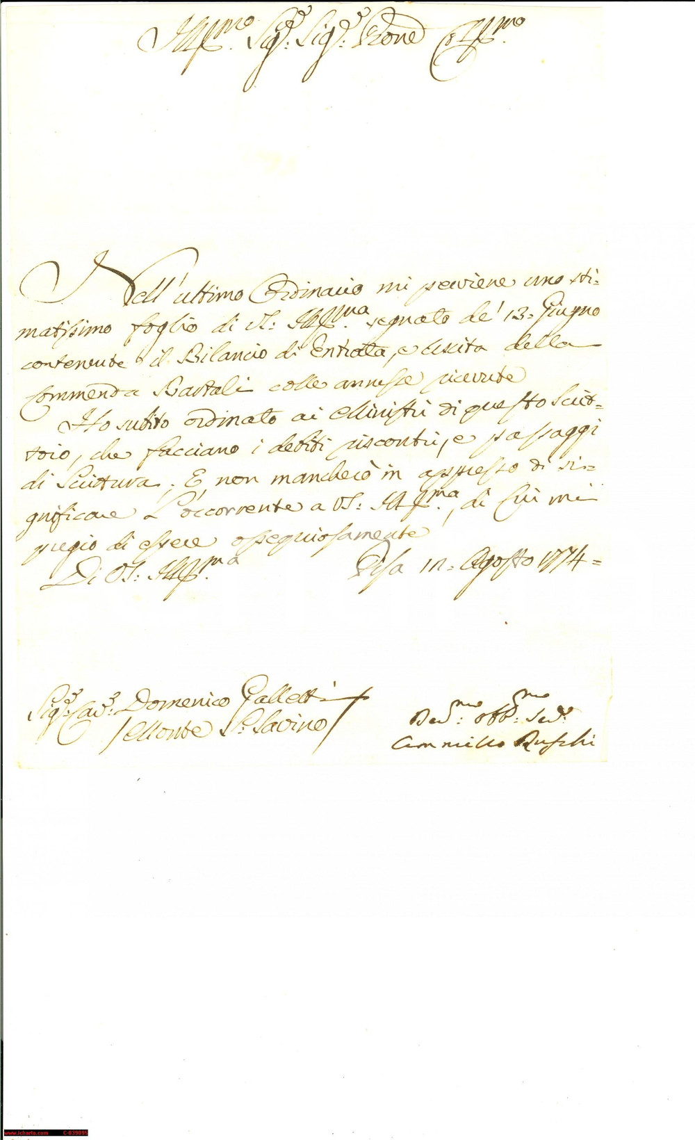 Documento originale, autentico 1774 MONTE SAN SAVINO AR Camillo RUSCHI su commenda BARTOLI 1
