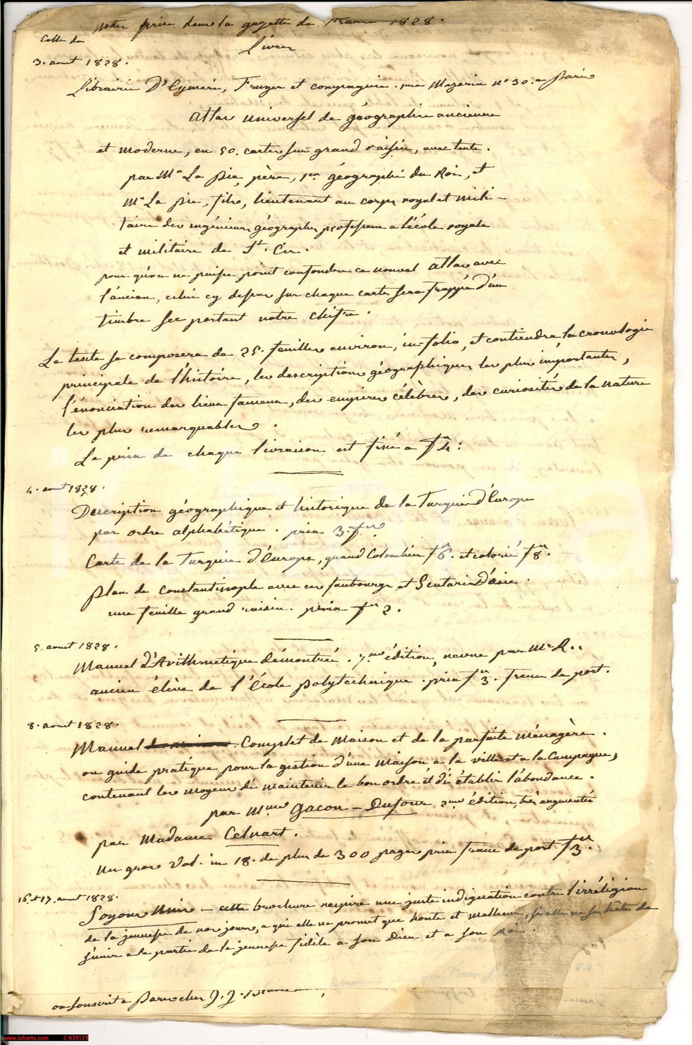 Manoscritto, lettera originale 1828 PARIS Librairie EYMERY, FRUGER et CIE Catalogue 1
