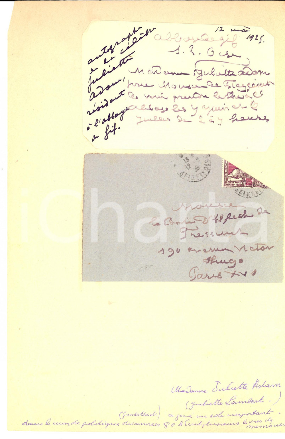 Autografo originale 1925 GIF-SUR-YVETTE (F) Juliette ADAM invita il conte di FRAYSSINET *Autografo 1