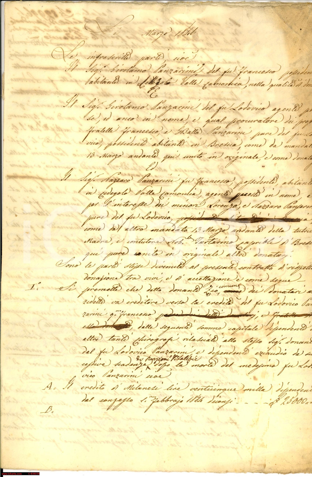 Documento originale, autentico 1846 CEDEGOLO (BS) donazione nipoti Girolamo PANZARINI 1