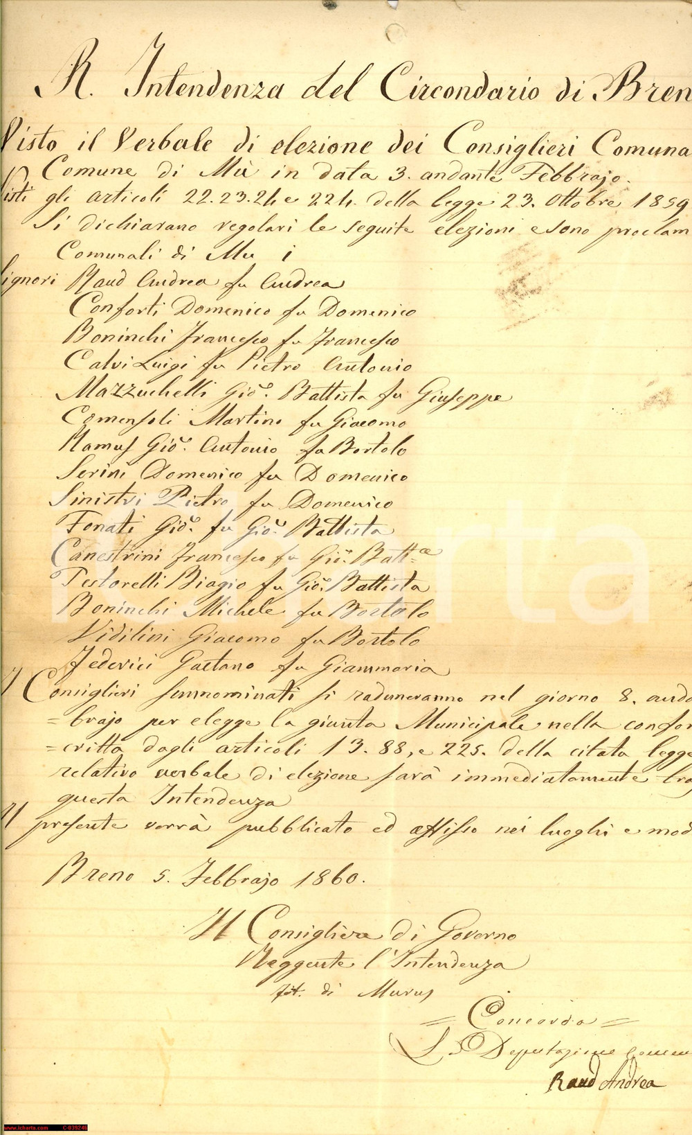 Documento originale, autentico 1860 MU' (BS) Elezione consiglieri comunali Manoscritto 1