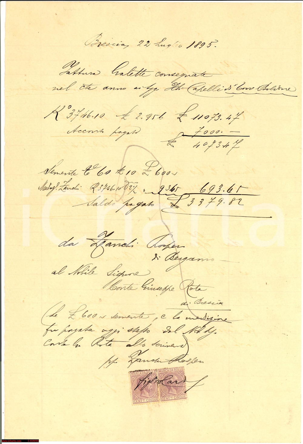 Documento originale, autentico 1895 BERGAMO Prospero ZANCHI vende galette a Giuseppe ROTA *Fattura 1
