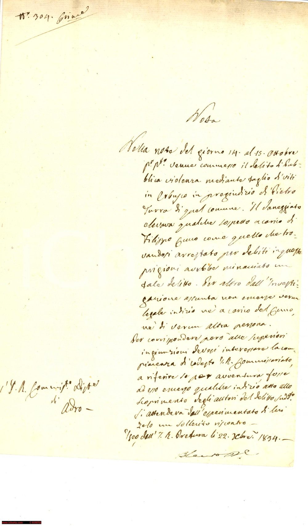 Documento originale, autentico 1834 ERBUSCO (BS) Polizia indaga delitto taglio vite 1