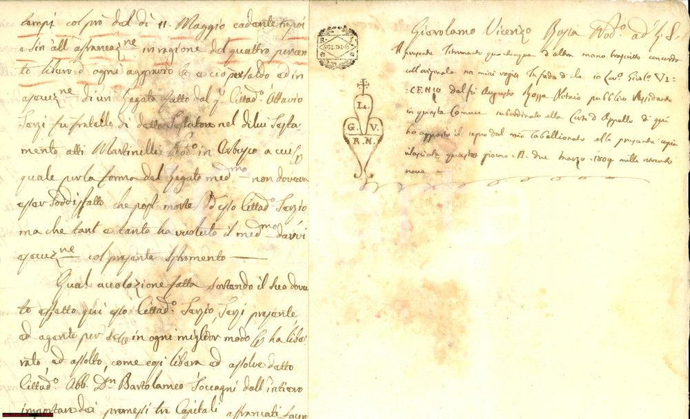 Documento originale, autentico 1803 BRESCIA Bartolomeo TOCCAGNI Consorzio Poveri ADRO 1