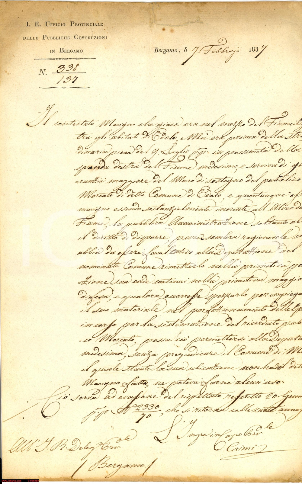 Documento originale, autentico 1837 EDOLO (BS) Macigno nell'Oglio pericolo per mercato 1