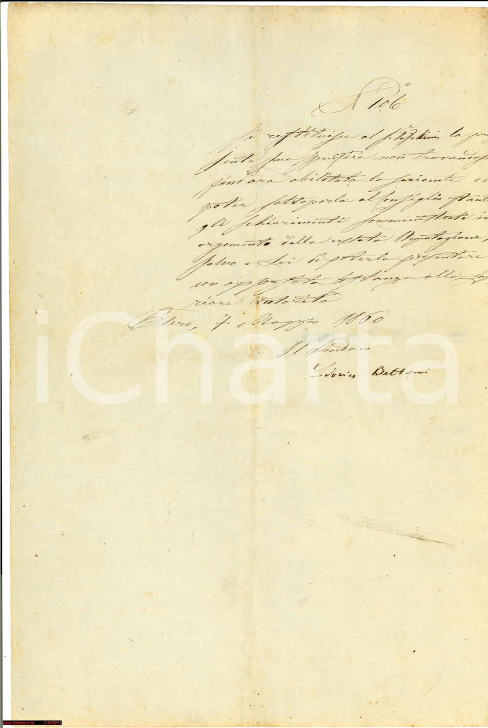 Documento originale, autentico 1860 FLERO BS Sindaco Lodovico BETTONI respinge pratica 1