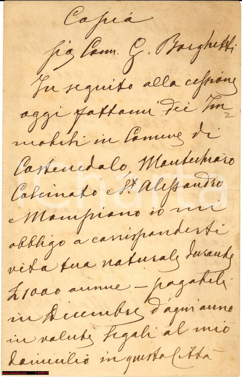 Manoscritto, lettera originale 1879 BRESCIA Carlo BORGHETTI corrisponde vitalizio al fratello *Lettera 1