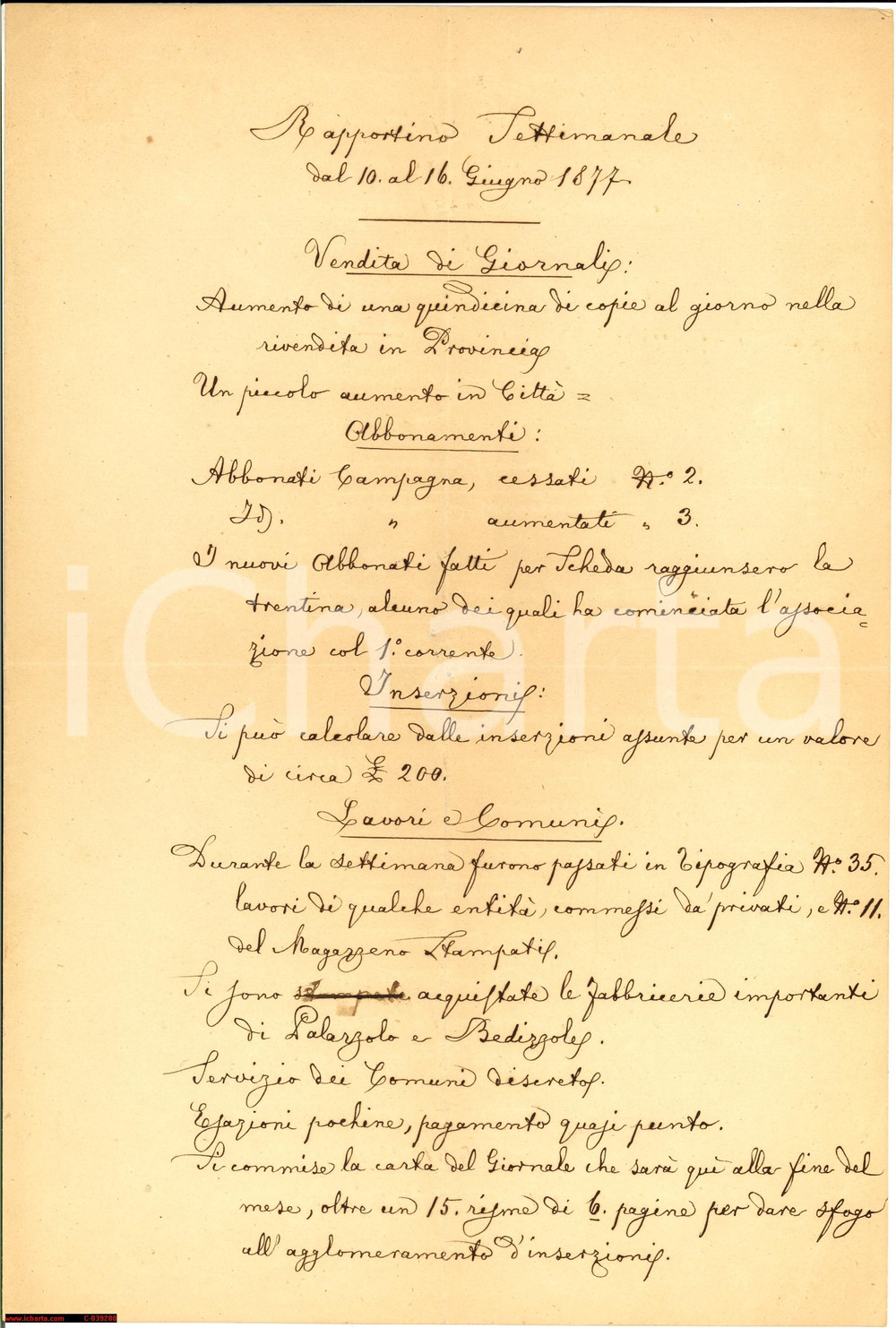 Documento originale, autentico 1877 BRESCIA rapporto settim. sulle vendite di giornali 1