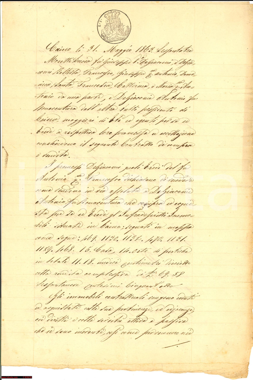 Documento originale, autentico 1863 CAINO (BS) Antonio DE GIACOMI acquista dai parenti 1