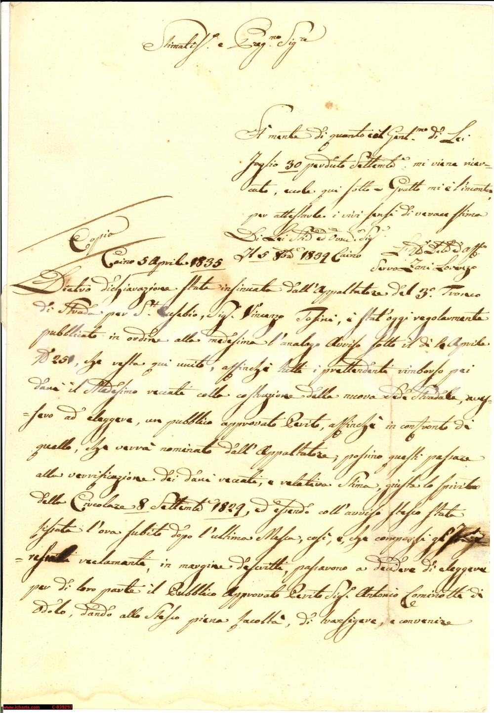 Documento originale, autentico 1835 CAINO (BS) nomina perito nuova strada SANT'EUSEBIO 1