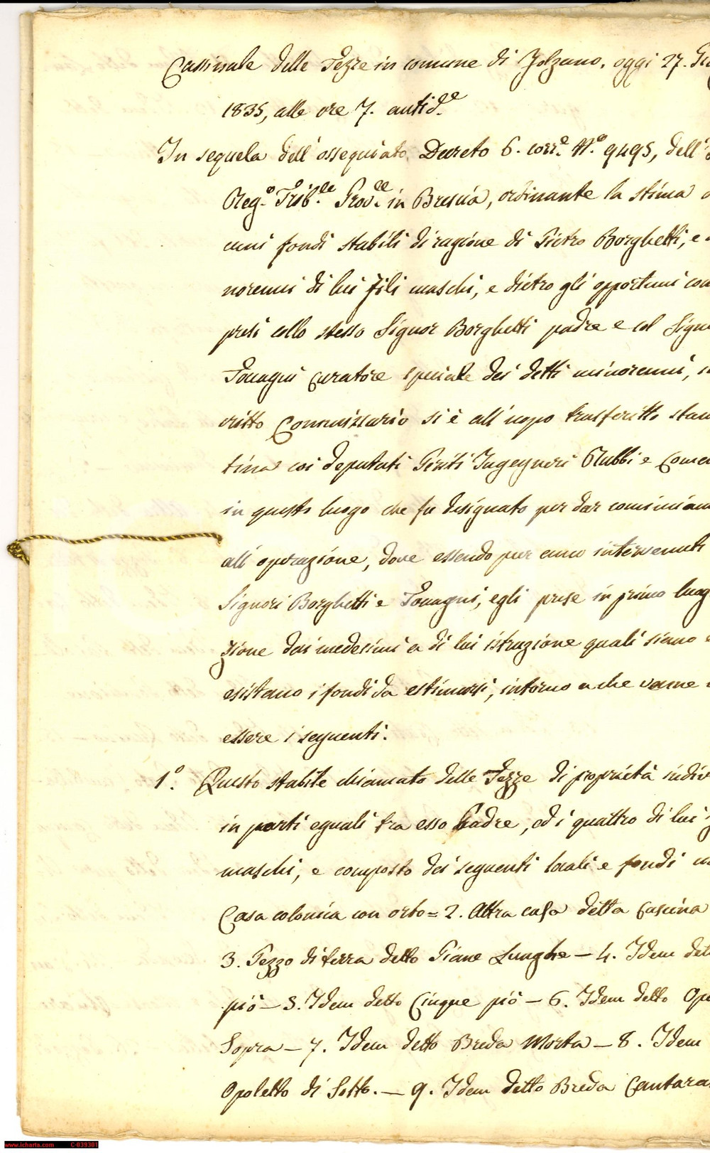 Documento originale, autentico 1835 FOLZANO (BS) stima beni Pietro Borghetti manoscr. 1