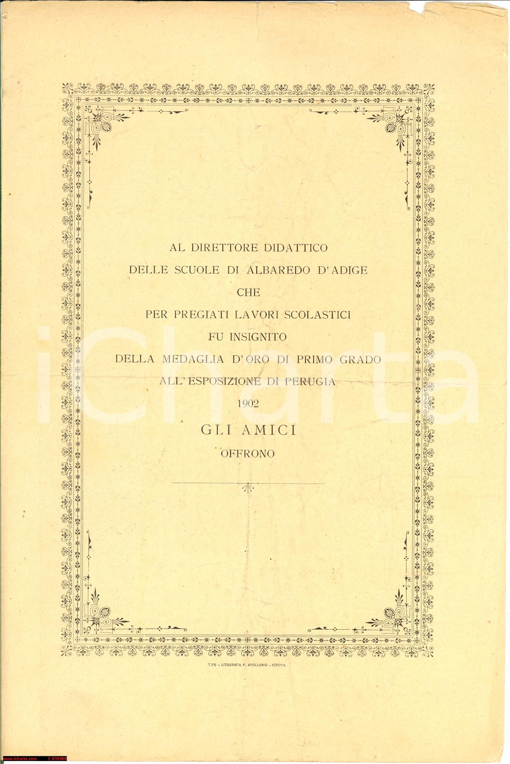 Oggetto da collezione cartaceo 1902 ALBAREDO D ADIGE poesia per il direttore Enrico Strabello Opuscolo 1