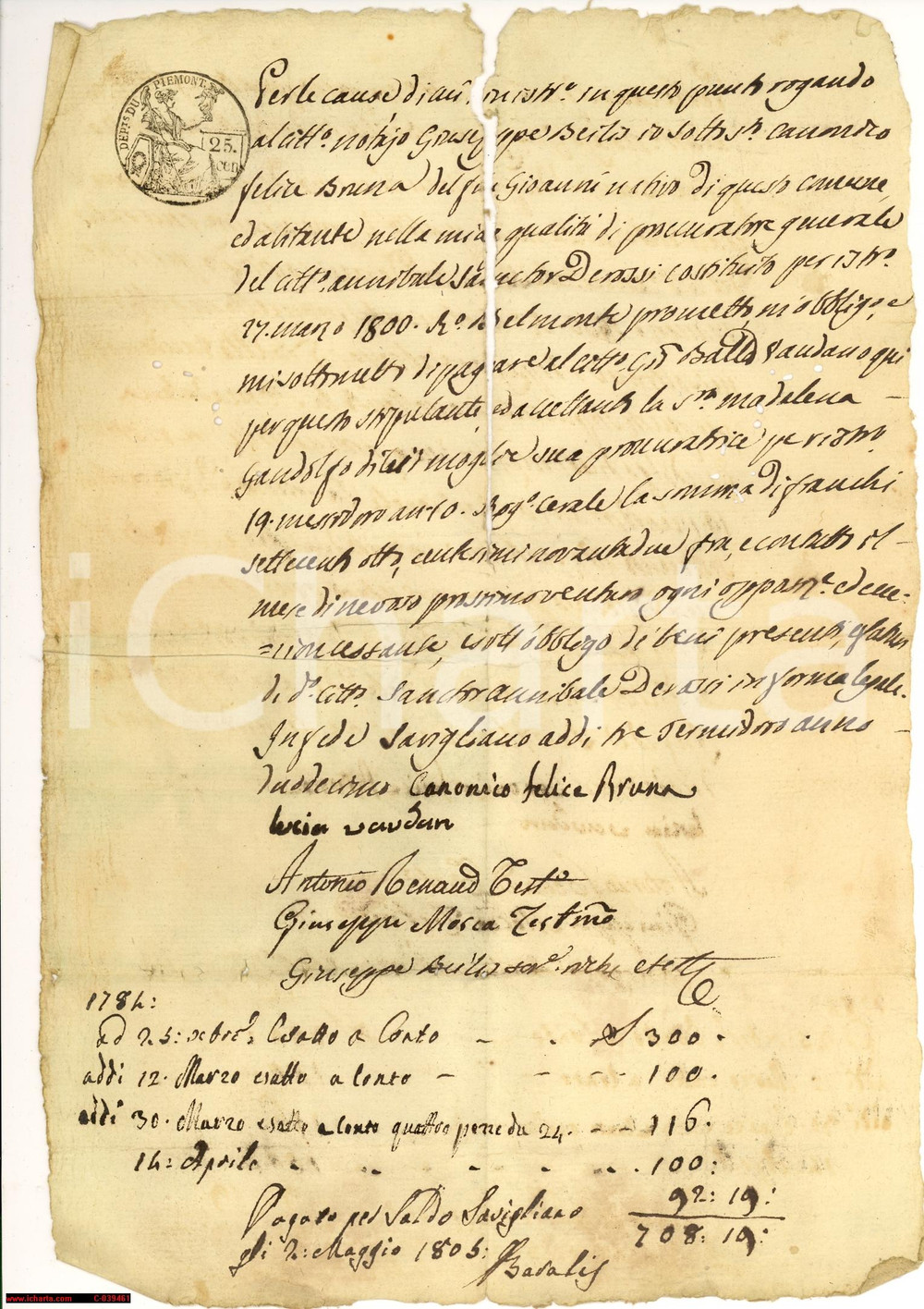 Documento originale, autentico 1784 SAVIGLIANO cambiale per Giovanni Balla e signora  Manoscritto 1
