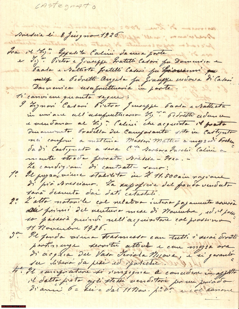 Documento originale, autentico 1926 CASTEGNATO (BS) Acquisto del prato del Camposanto 1
