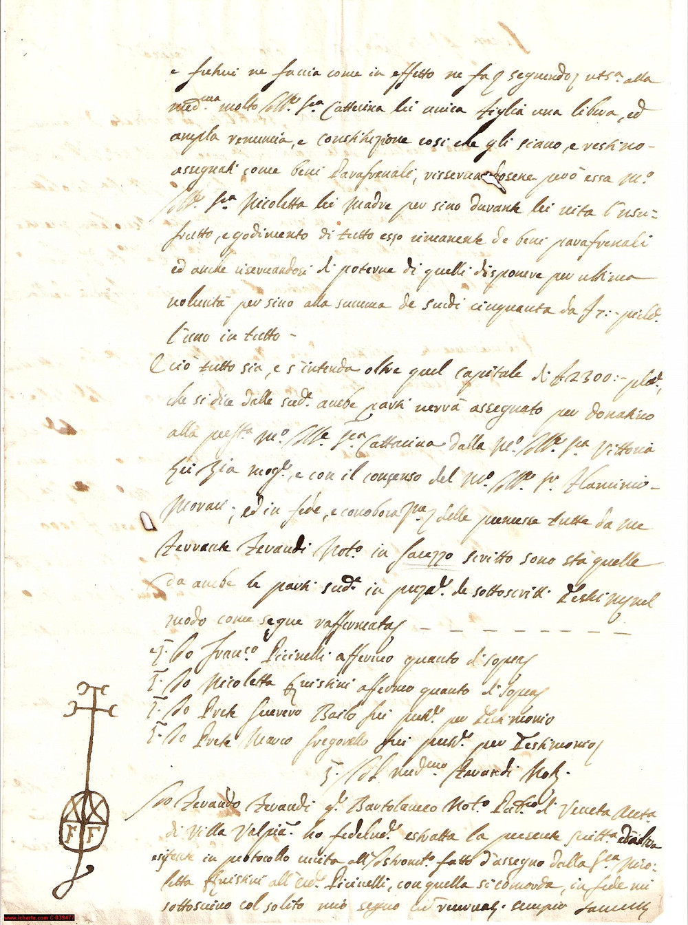 Manoscritto, lettera originale 1713 COGOZZO (BS) Costituzione dote CATTARINA PICINELLI 1