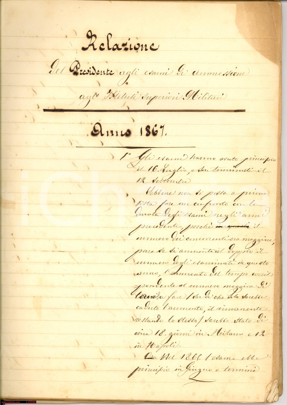 Autografo originale 1868 ROMA inedito gen.Mazzacapo esami Istituti Militari 1