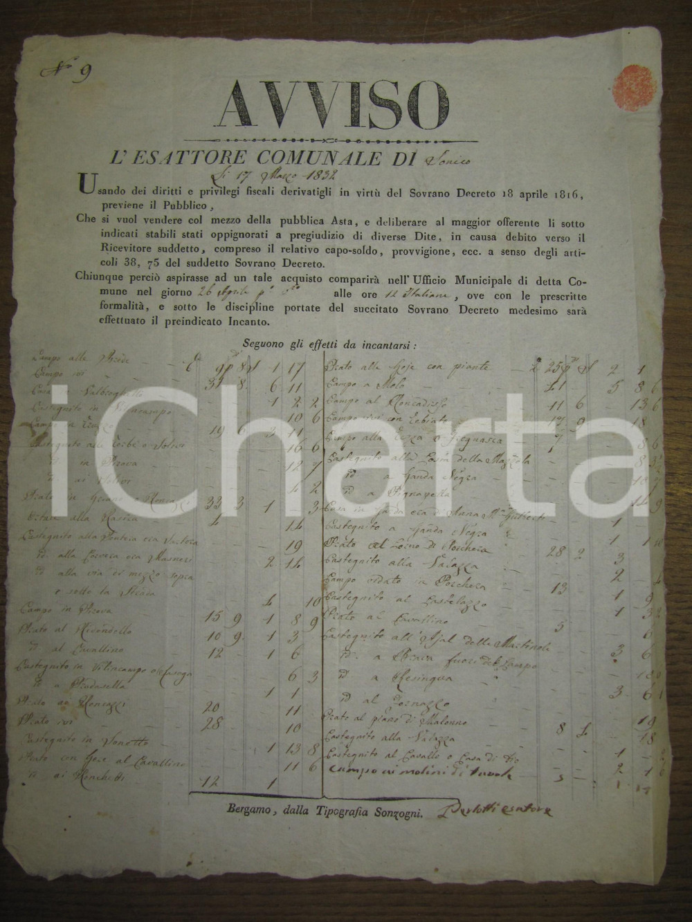 Documento originale, autentico 1834 SONICO (BS) asta del prato a Roncazzi MANIFESTO 1