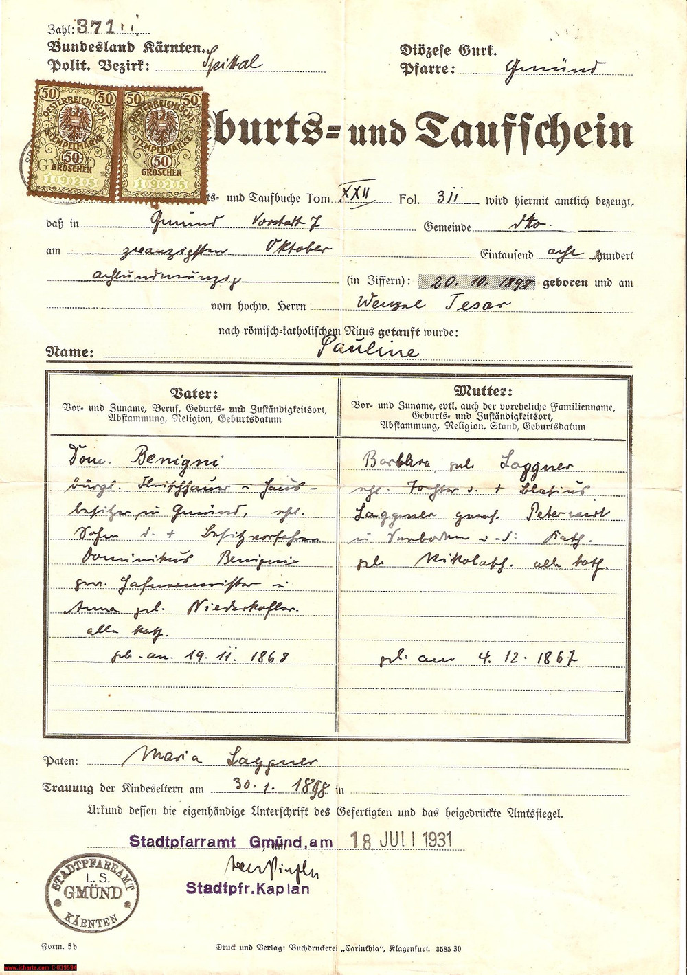 Manoscritto, lettera originale 1931 GMUND IN KARNTEN (AU) Pauline BENIGNI Taufschein 1