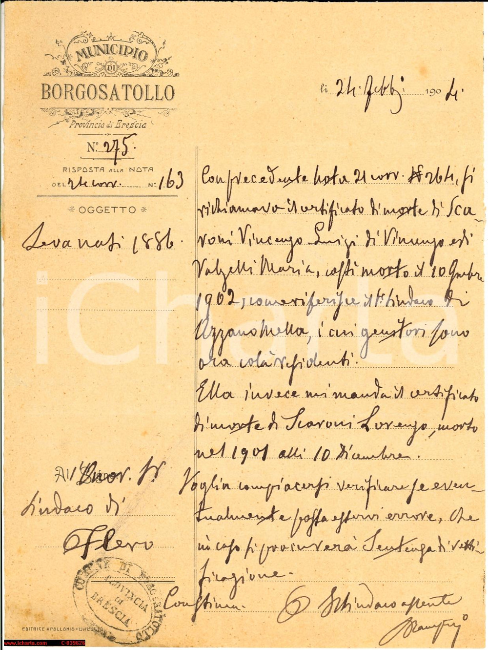 Documento originale, autentico 1904 BORGOSATOLLO (BS) muore lo Scaroni sbagliato 1