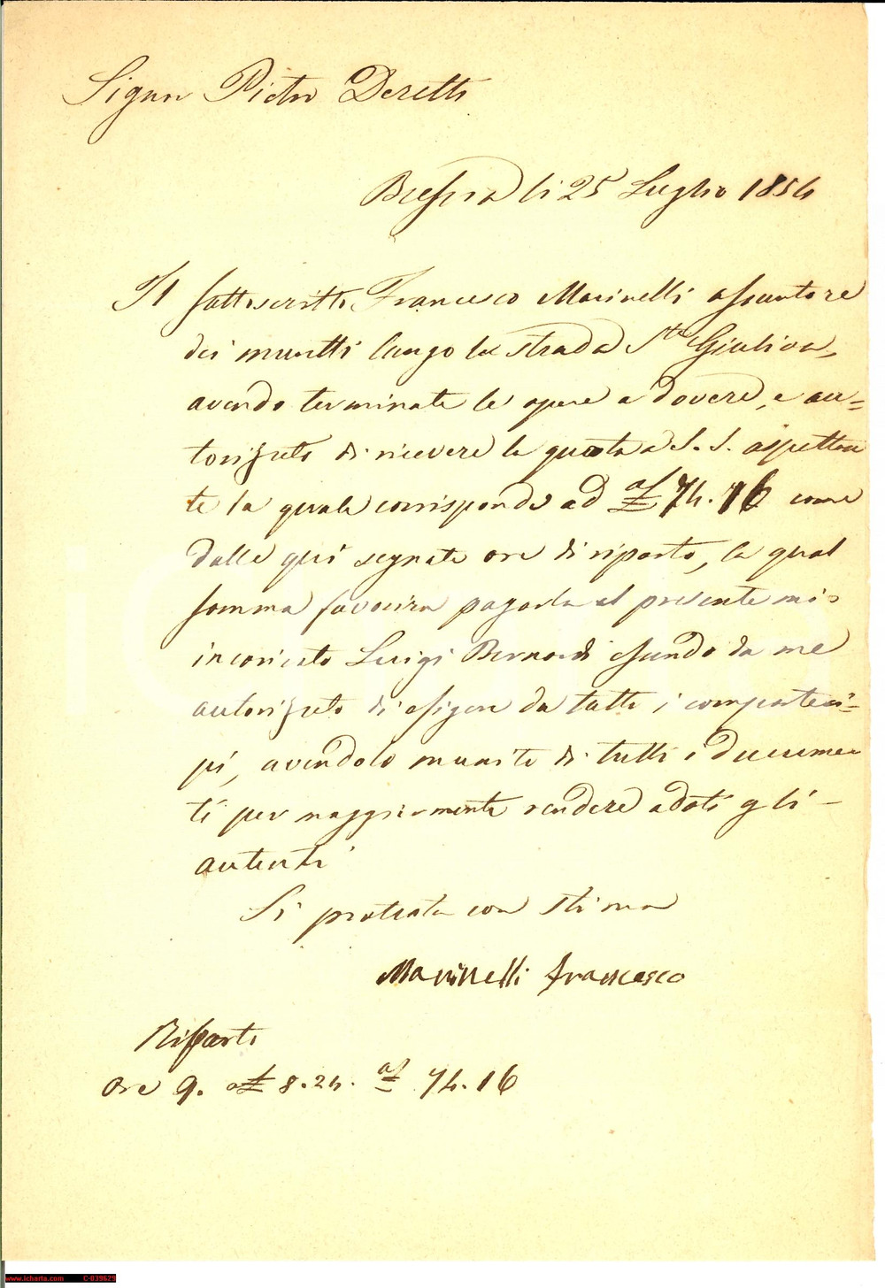 Manoscritto, lettera originale 1854 BRESCIA conto MARINELLI muretti via Santa Giulia 1