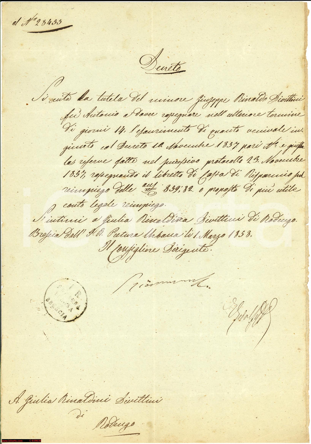 Documento originale, autentico 1858 RODENGO BS libretto risparmio minore DIVITTINI 1