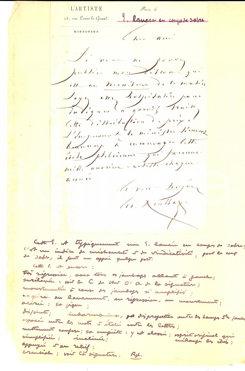 Autografo originale 1880 ca PARIS Scrittore Arsène HOUSSAYE su un discorso al ministero  AUTOGRAFO 1