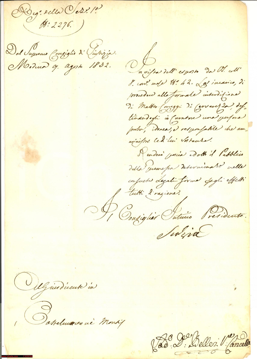 Documento originale, autentico 1832 CASTELNUOVO NE' MONTI (RE) interdizione CORREGGI 1