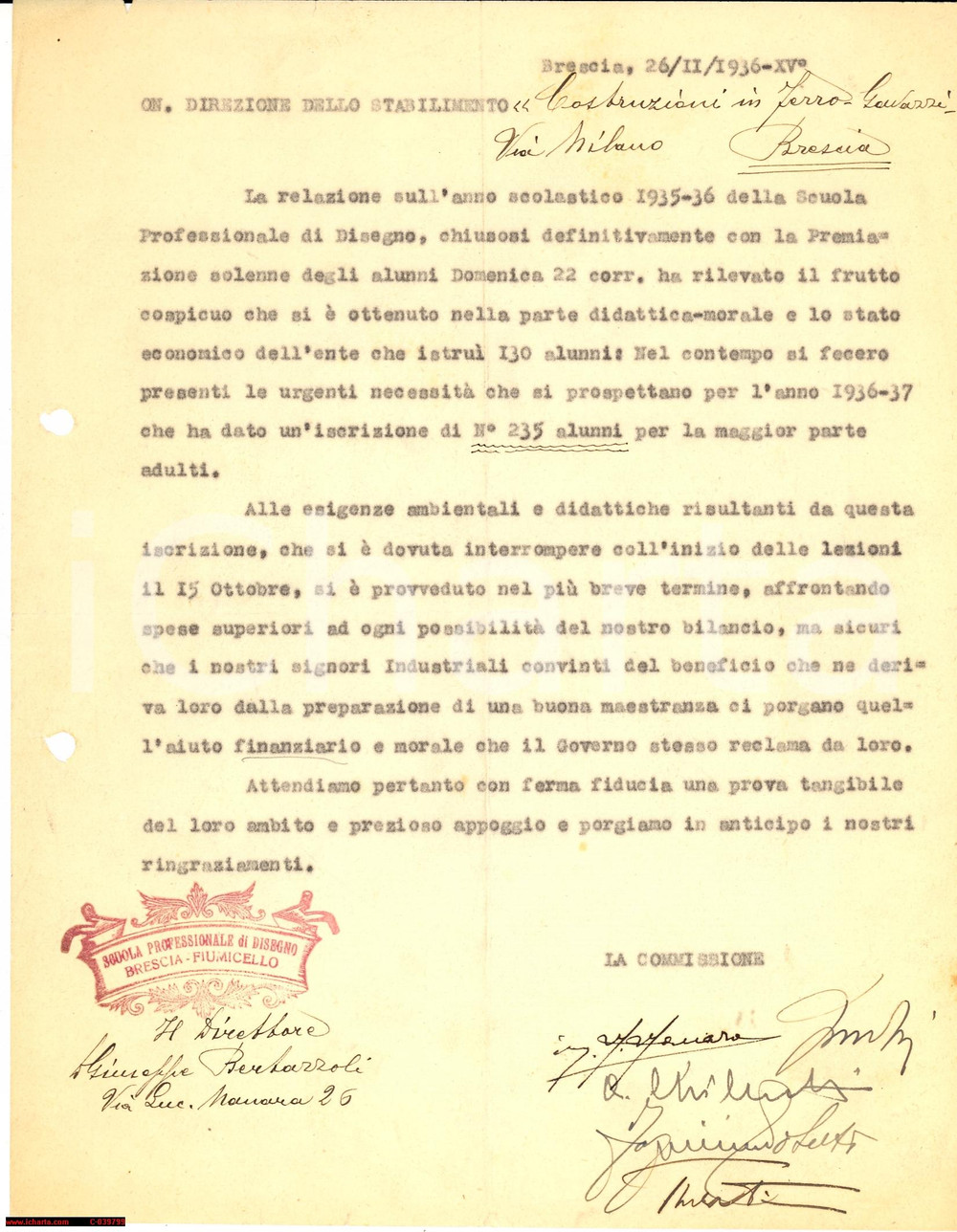 Manoscritto, lettera originale 1936 BRESCIA Preside BERTAZZOLI  aiuti Scuola di Disegno a Gavazzi Costruzioni 1