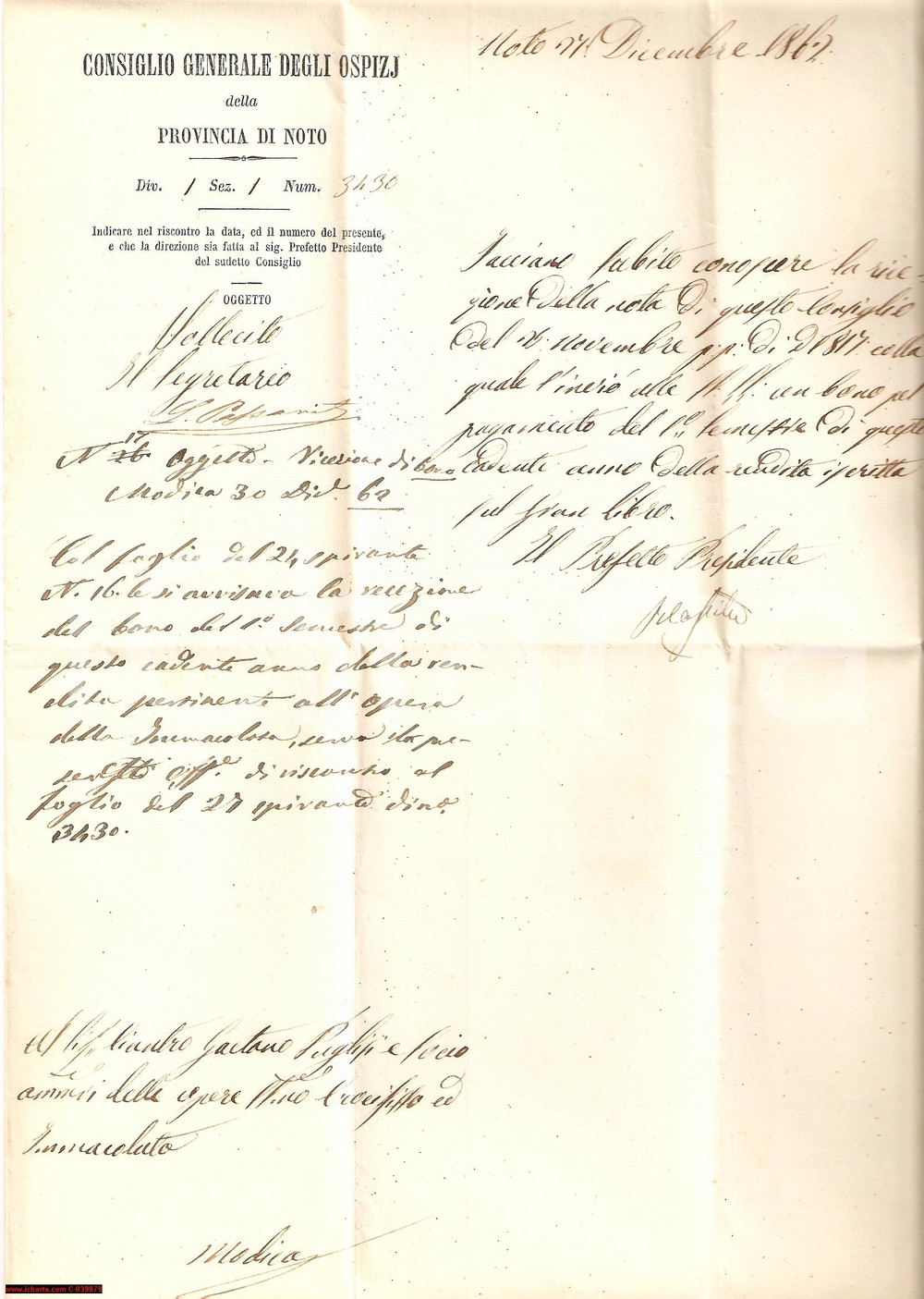 Manoscritto, lettera originale 1862 MODICA (SR) Opere del SS. Crocifisso e Immacolata 1