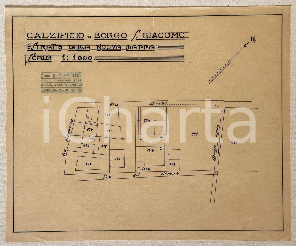 Stampa, bozzetto originale 1920 ca BORGO SAN GIACOMO (BS) Planimetria calzificio - Geom. DI PIETRO 30x25 cm 1