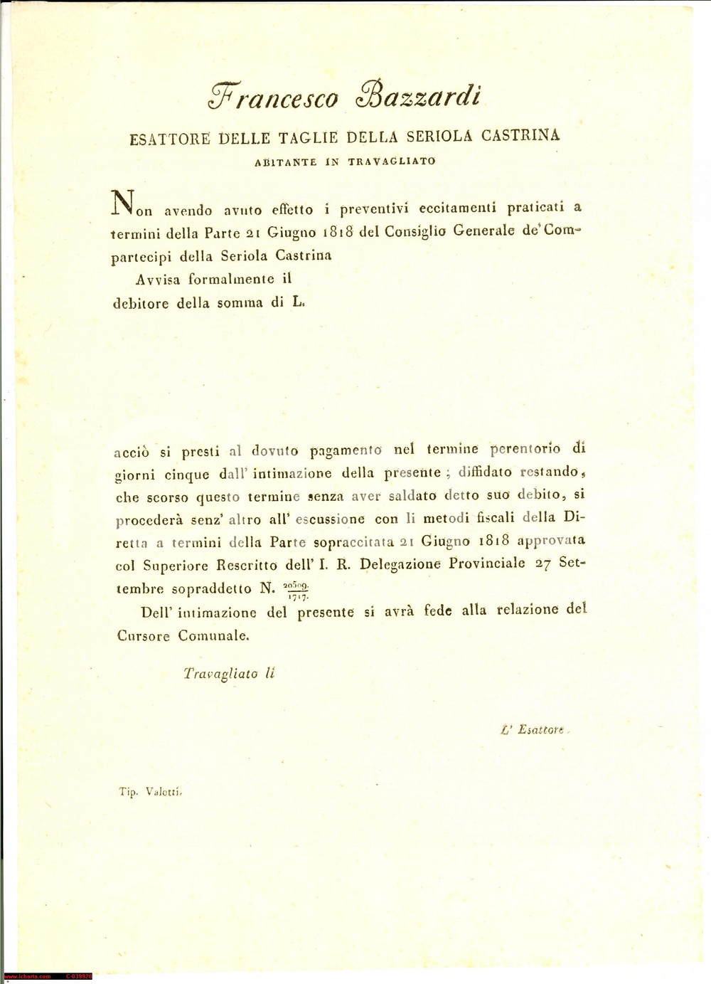 Documento originale, autentico 1850 TRAVAGLIATO (BS) Taglia su acque SERIOLA CASTRINA 1