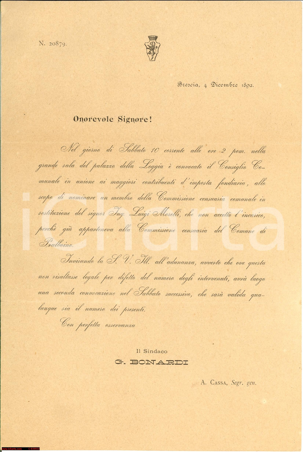 Documento originale, autentico 1892 BRESCIA Nuovo commissario in vece ing. MORELLI 1