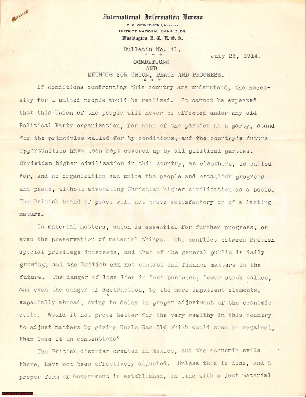 Documento originale, autentico 1914 USA Frank WEINSCHENK For union, peace and progress 1