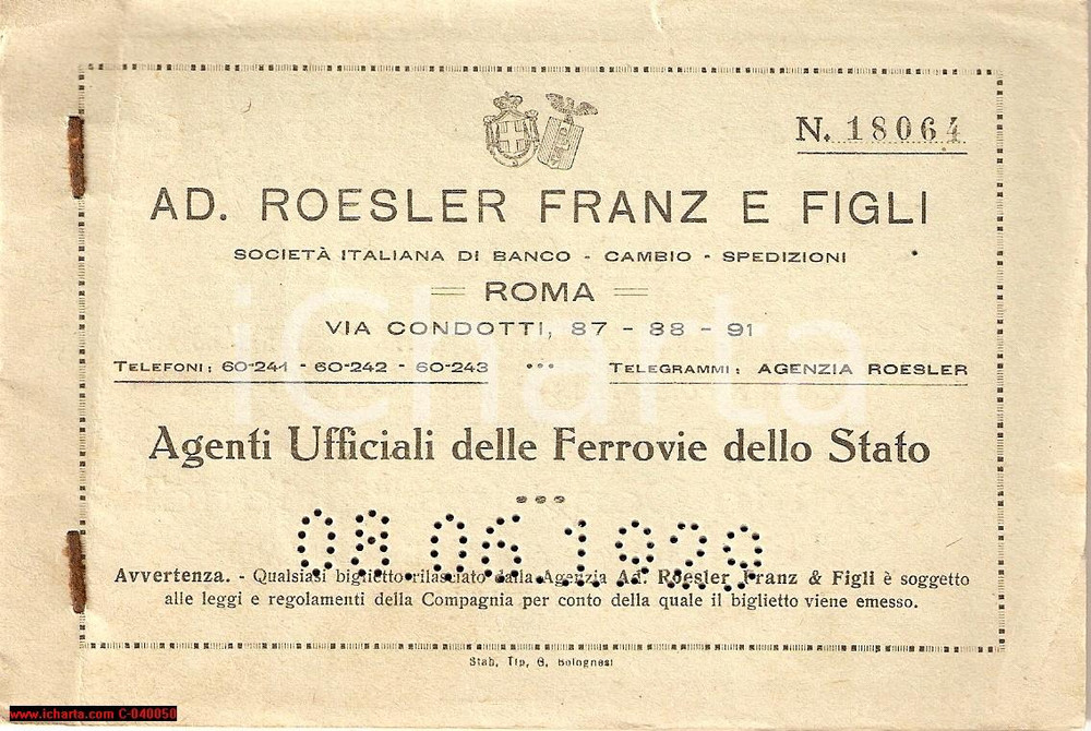 Materiale pubblicitario d’epoca 1929 FERROVIE DELLO STATO Libretto biglietti Agenzia ROESLER ROMA-TARVISIO-WIEN 1