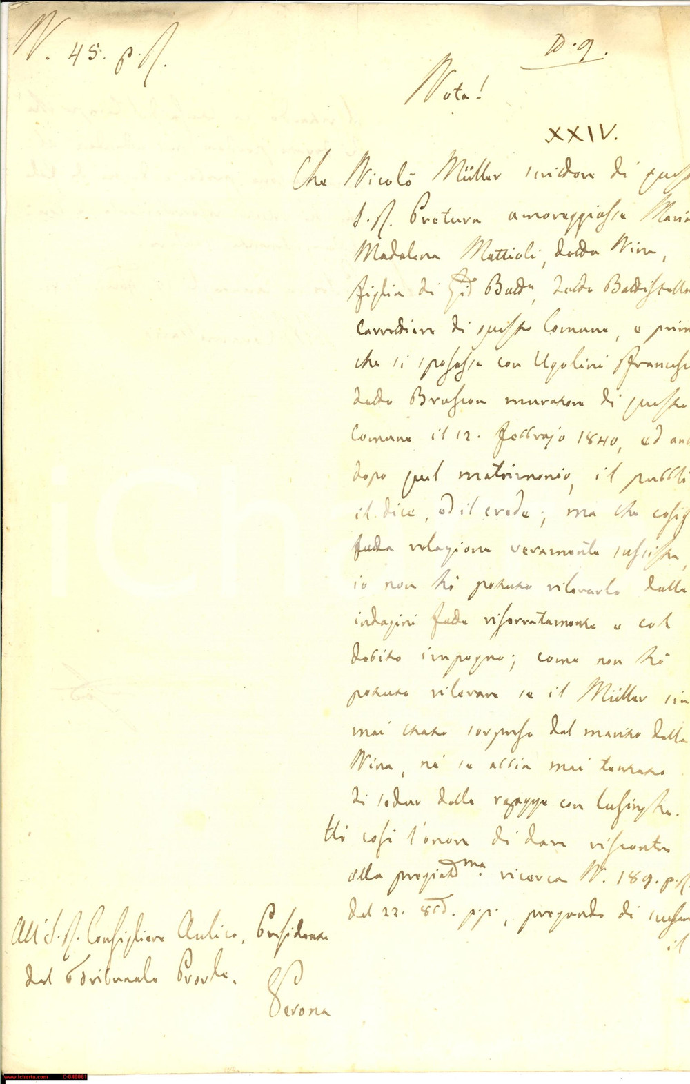 Documento originale, autentico 1841 S. PIETRO IN CARIANO (VR) MULLER noto adultero 1