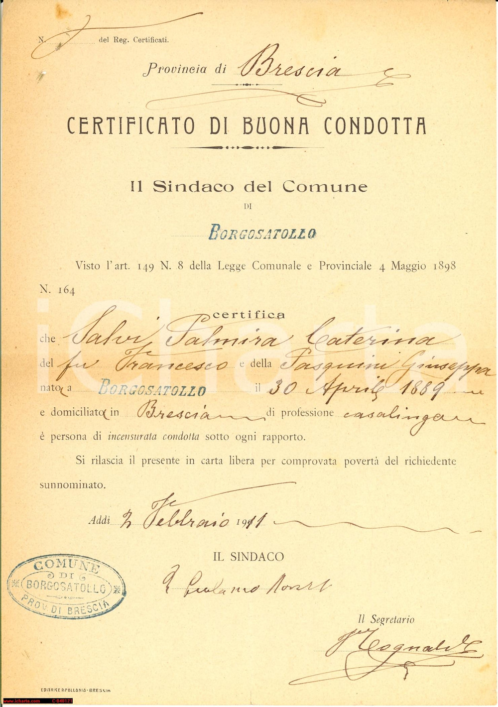 Documento originale, autentico 1911 BORGOSATOLLO (BS) MoralitÃ  Palmira Caterina SALVI 1
