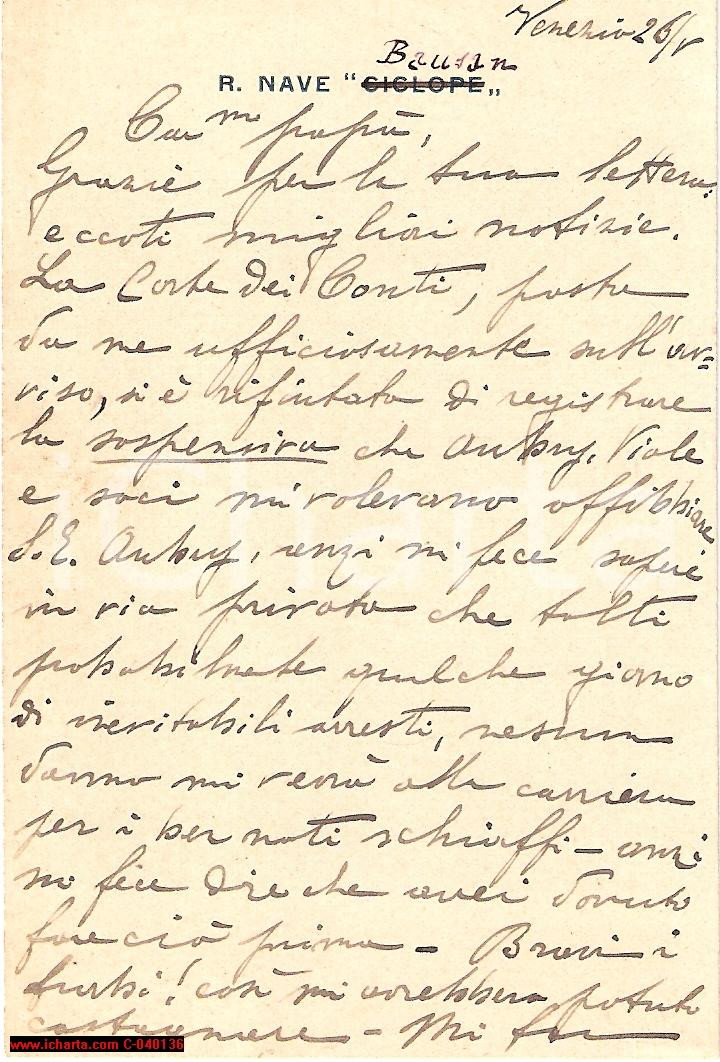 Manoscritto, lettera originale 1900 ca VENEZIA Regia Nave BAUSAN Vittorio TORNIELLI arrestato per schiaffi 1