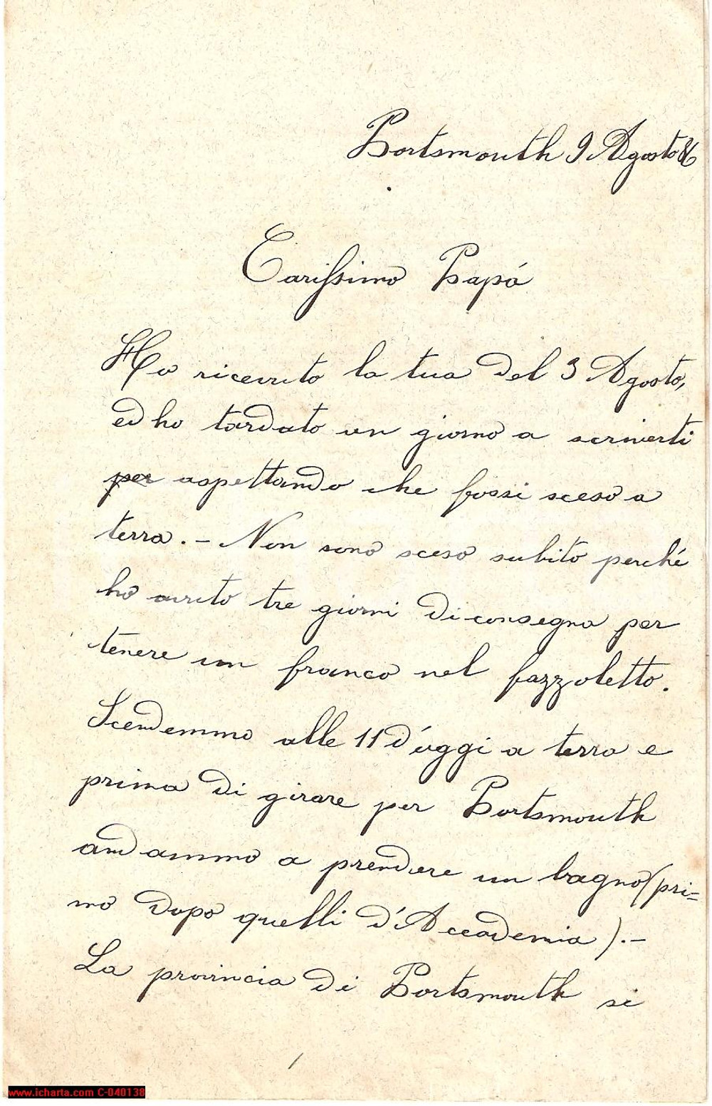 Manoscritto, lettera originale 1890 ca PORTSMOUTH (GB) Vittorio TORNIELLI in visita nell'HAMPSHIRE 1