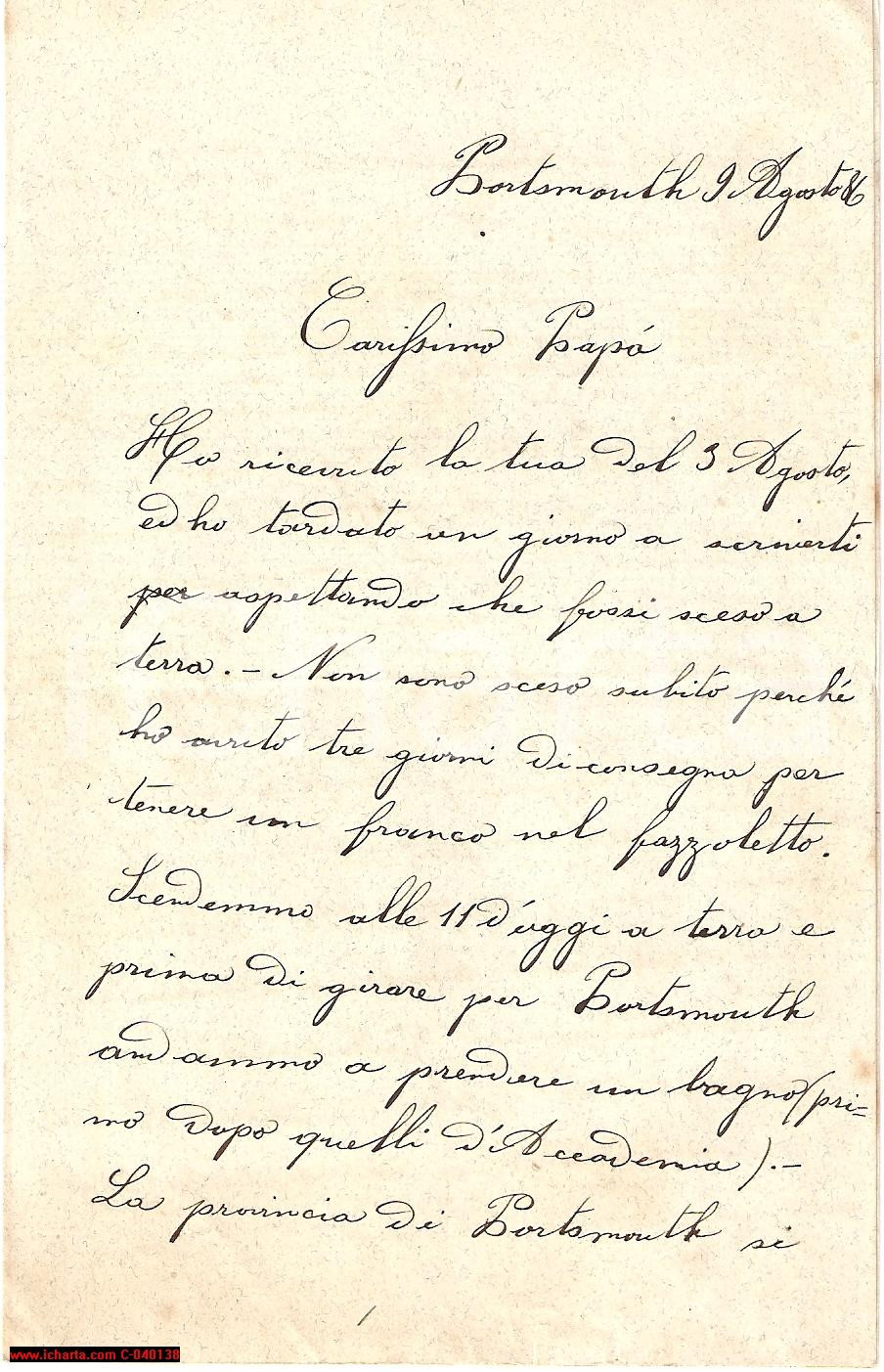 Manoscritto, lettera originale 1890 ca PORTSMOUTH GB Vittorio TORNIELLI in visita nell HAMPSHIRE 1