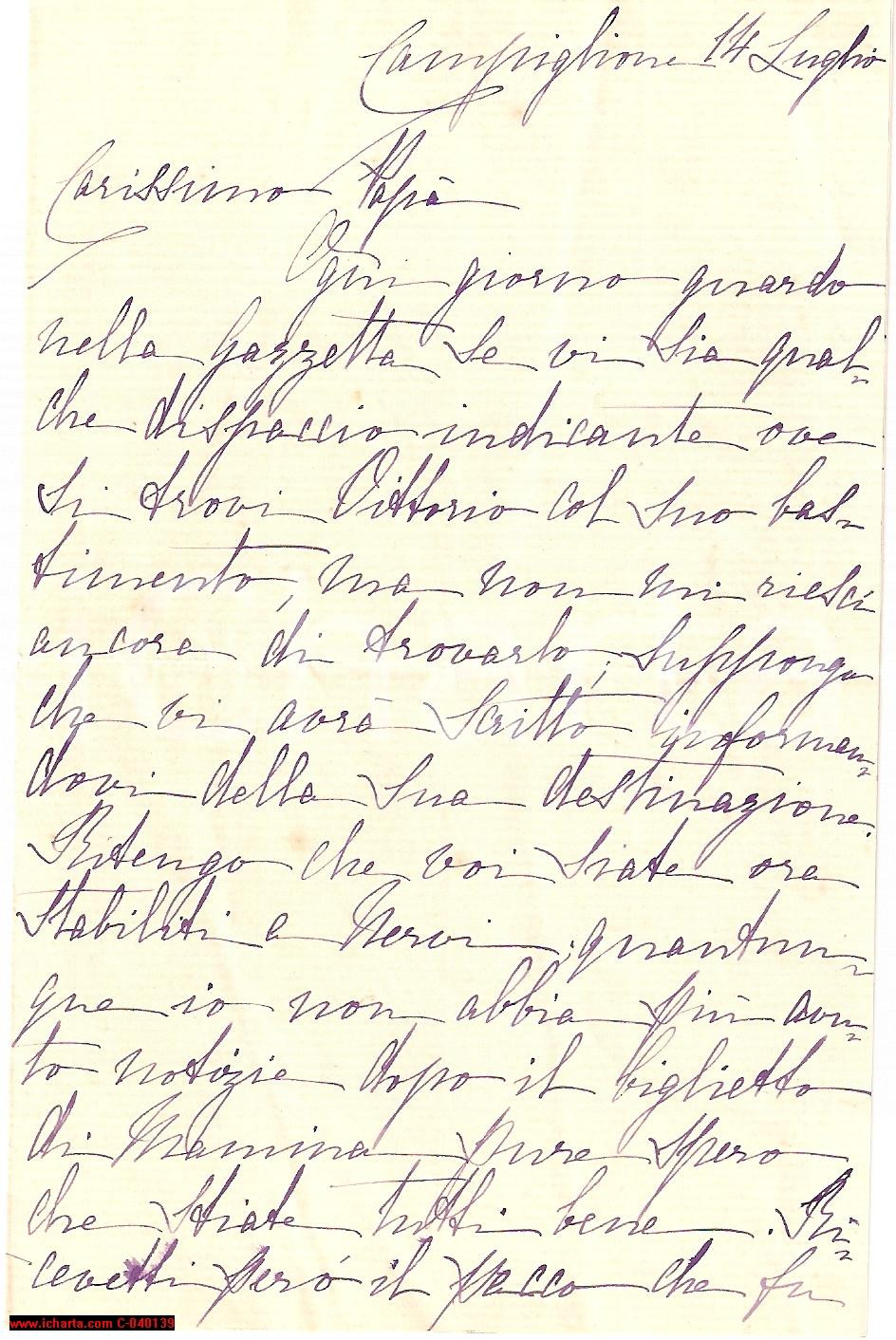 Manoscritto, lettera originale 1910 ca CAMPIGLIONE FENILE TO Lettera nobile Costanza TORNIELLI DI CRESTVOLANT 1