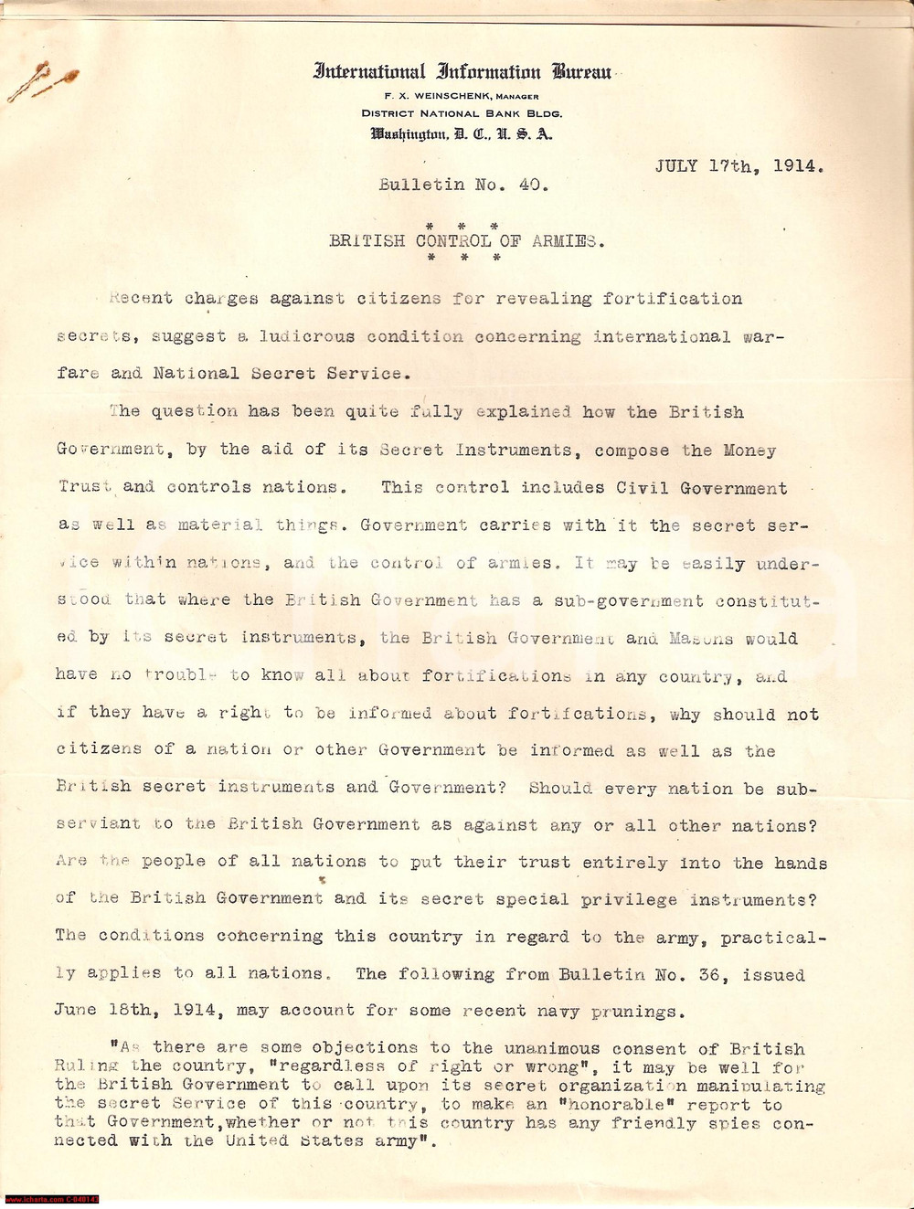 Documento originale, autentico 1914 USA Frank WEINSCHENK British Control of Armies 1